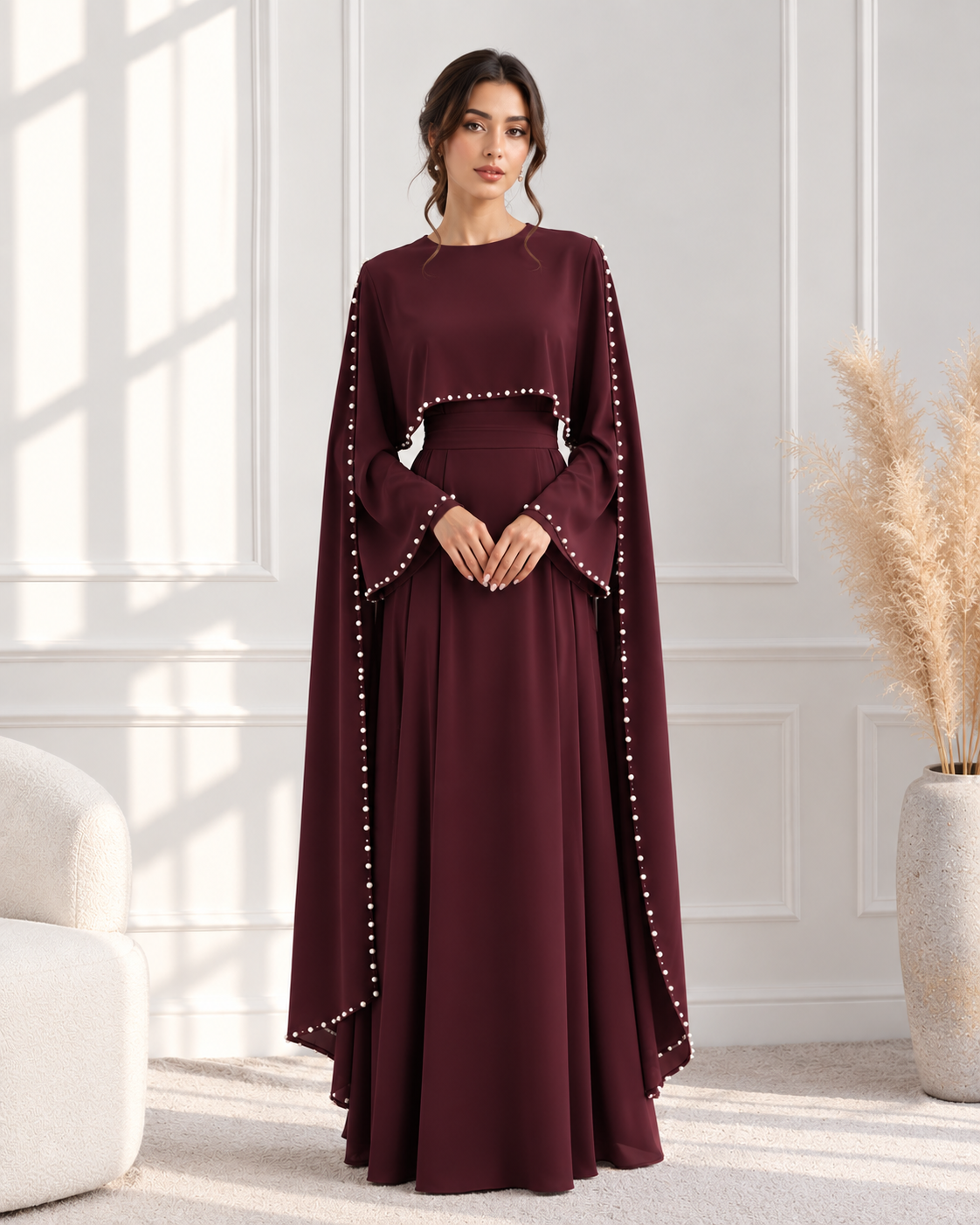 ZAYRÉVA – Elegant Pearl Cape Abaya