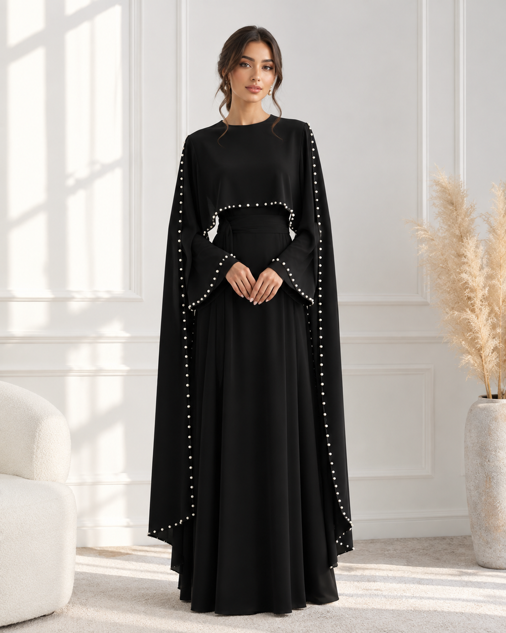 ZAYRÉVA – Elegant Pearl Cape Abaya