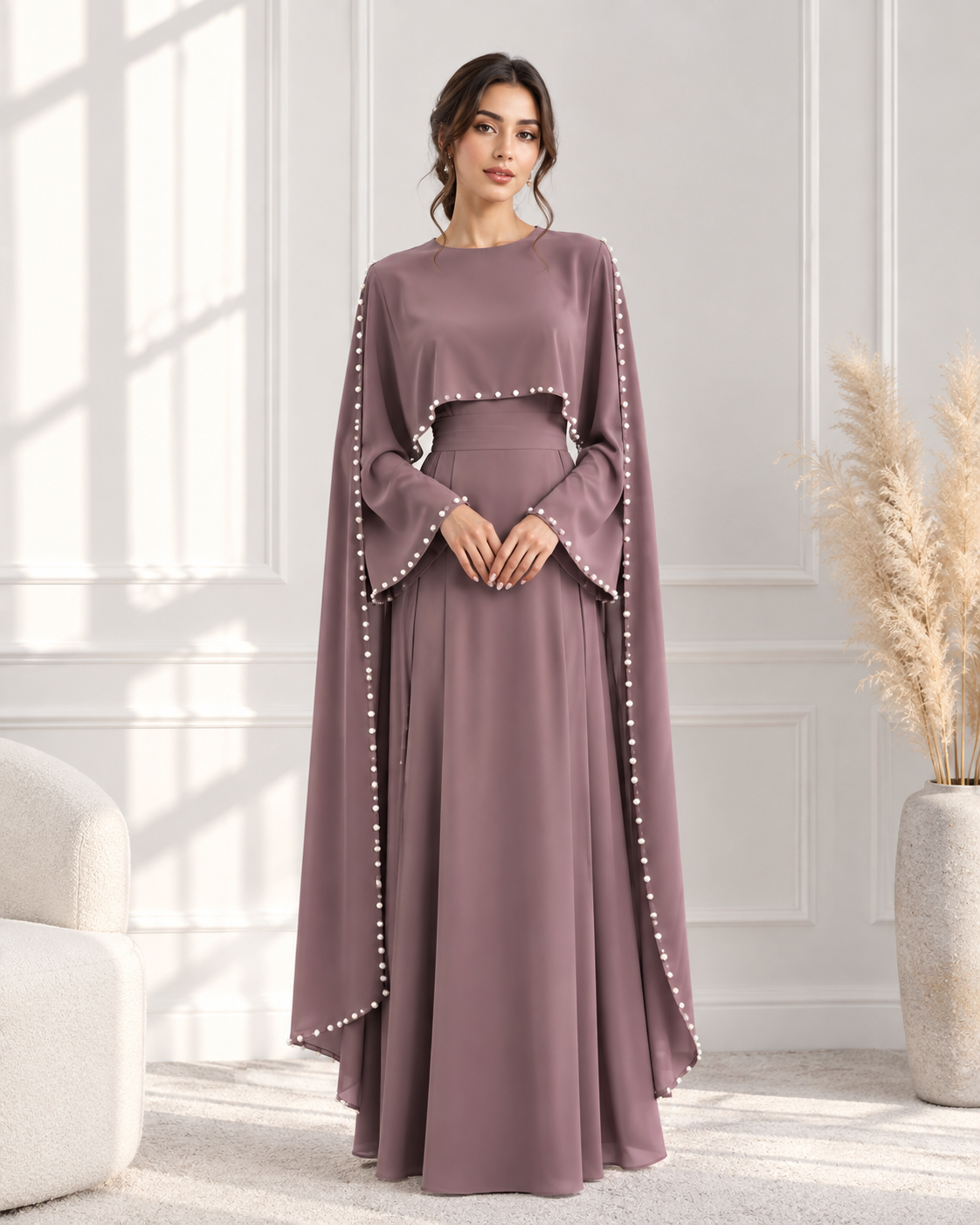 ZAYRÉVA – Elegant Pearl Cape Abaya
